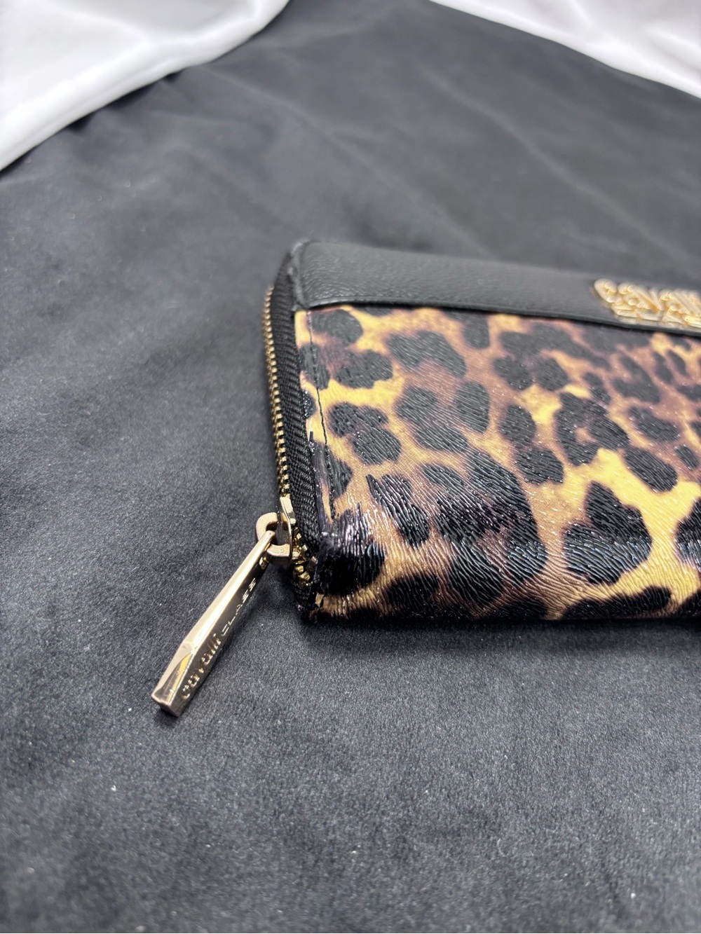 Cavalli Class Leopard Print Zip Around Wallet Black Pebbled Leather Animal Print - Picture 7 of 10